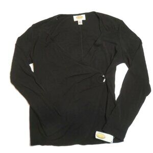 Talbots Womens Faux Wrap Top Black Long Sleeve V Neck‎ Ring Petites 2 New